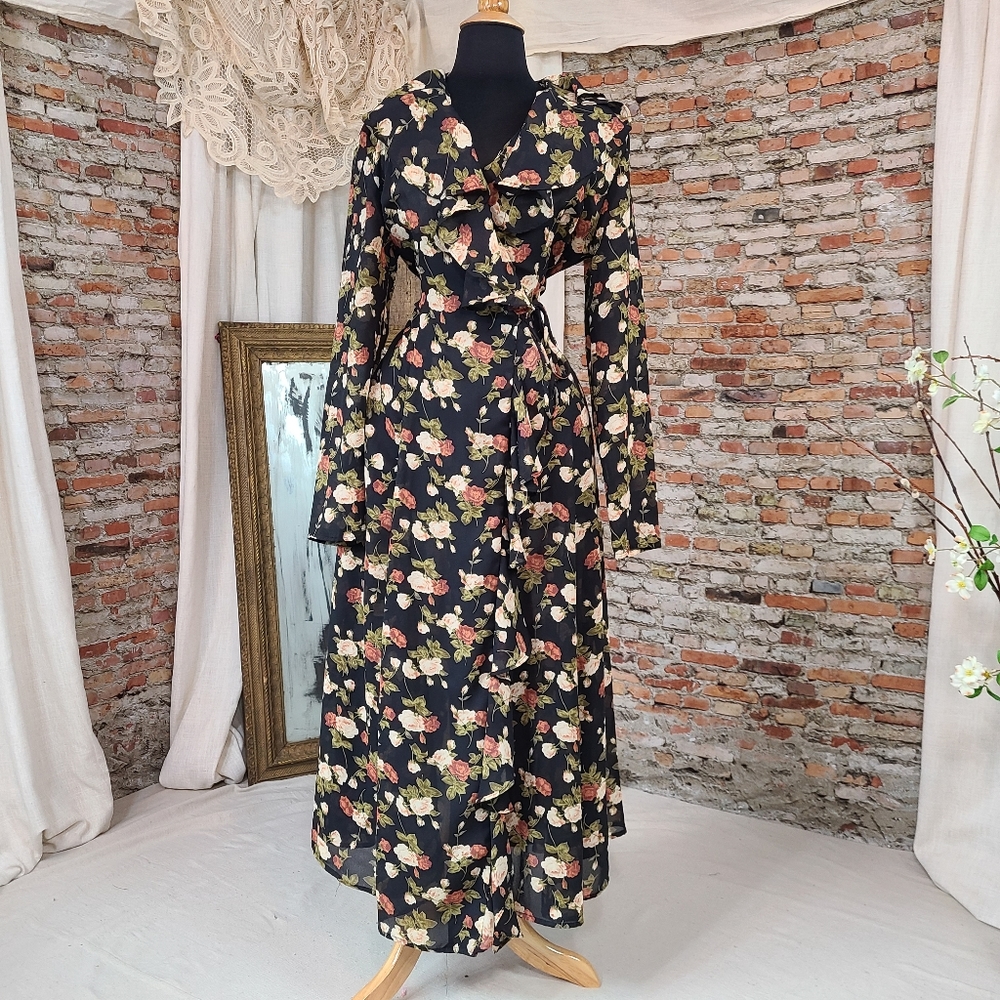 Vintage 1990's Floral Wrap Dress Witch Goddess Flowy Fall Roses 2000's